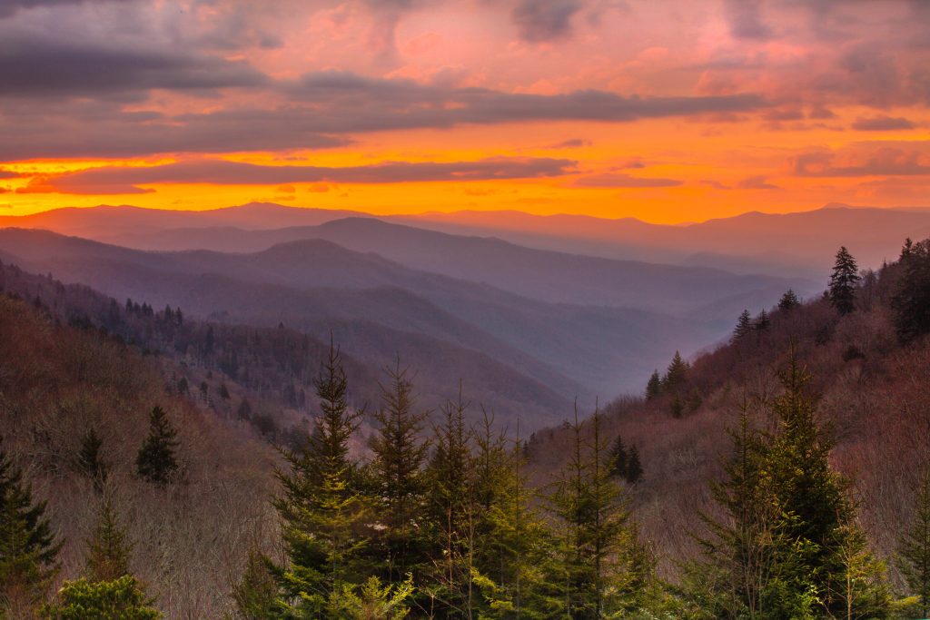 Oconaluftee Overlook at sunrise in Smoky Mountains Tennessee